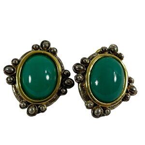 Gold Tone Green Dome Earrings Retro Look Oval Ornate Classic